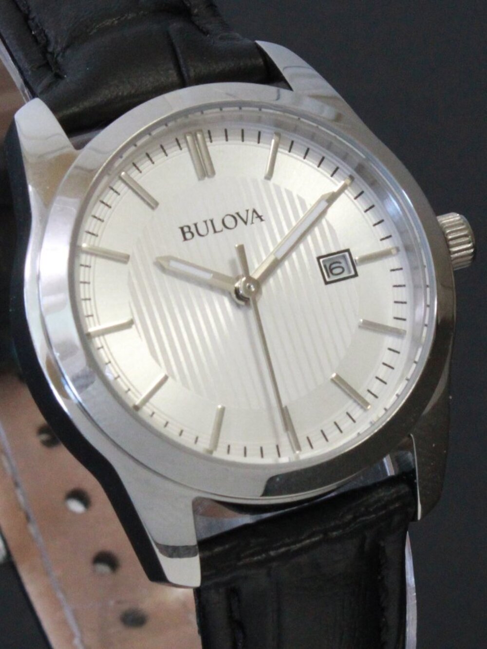 Bulova Ladies Classic Dress Watch Stainless, Silver Textured Dial, Black Strap - Picture 8 of 13